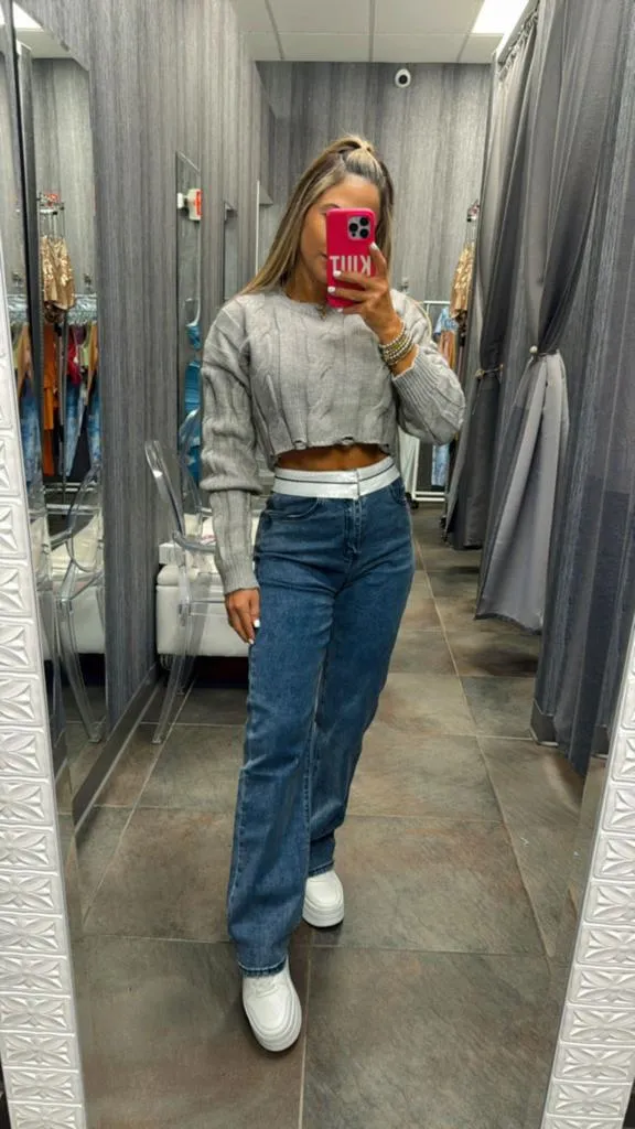 0012 Folded waistband stretch denim jeans