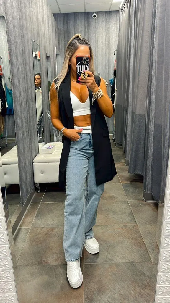 0012 Folded waistband stretch denim jeans