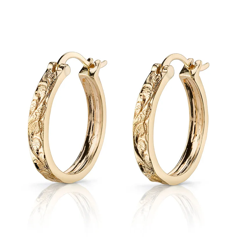 14K Yellow Gold Engraved Hawaiian Hoop Earrings