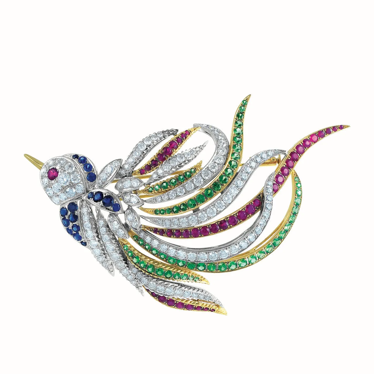 18K White And Yellow Diamond Ruby Sapphire And Tsavorite Exotic Bird Brooch