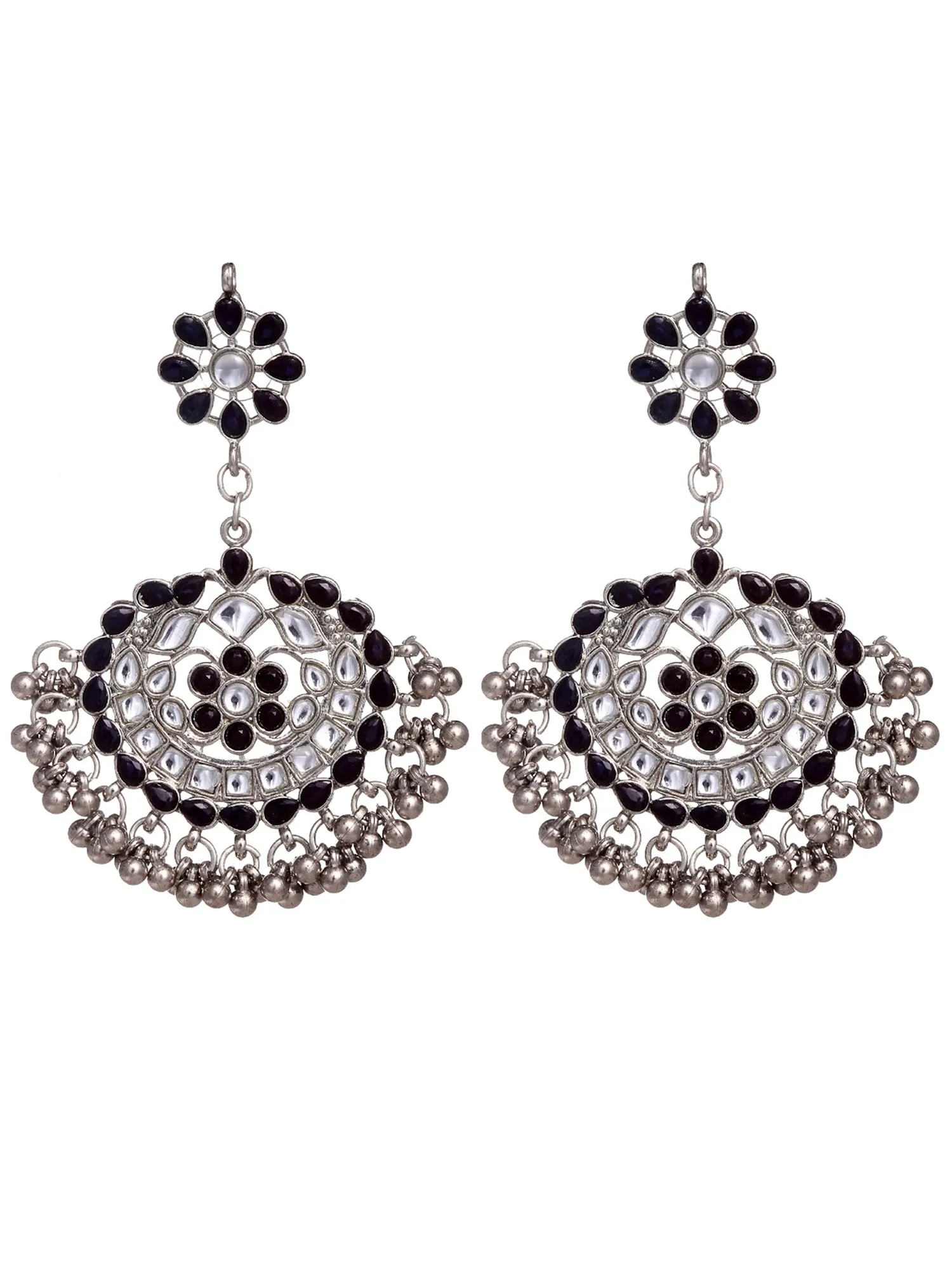 Antique Black Kundan Studded Oxidised Silver Handcrafted Chandbali Earrings