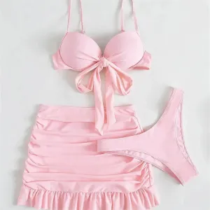 Baby Pink Ruched Push Up Bikini with Pleated Skirt