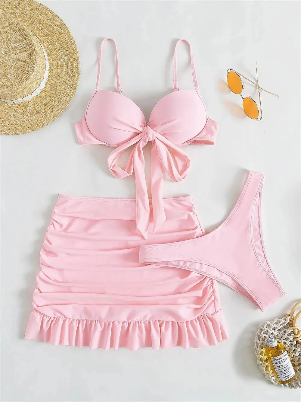 Baby Pink Ruched Push Up Bikini with Pleated Skirt