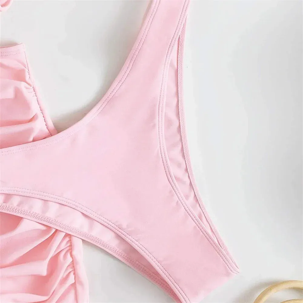 Baby Pink Ruched Push Up Bikini with Pleated Skirt