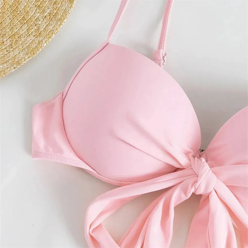 Baby Pink Ruched Push Up Bikini with Pleated Skirt