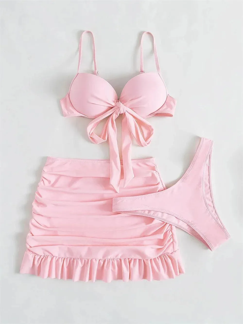 Baby Pink Ruched Push Up Bikini with Pleated Skirt