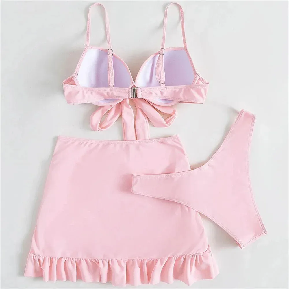 Baby Pink Ruched Push Up Bikini with Pleated Skirt