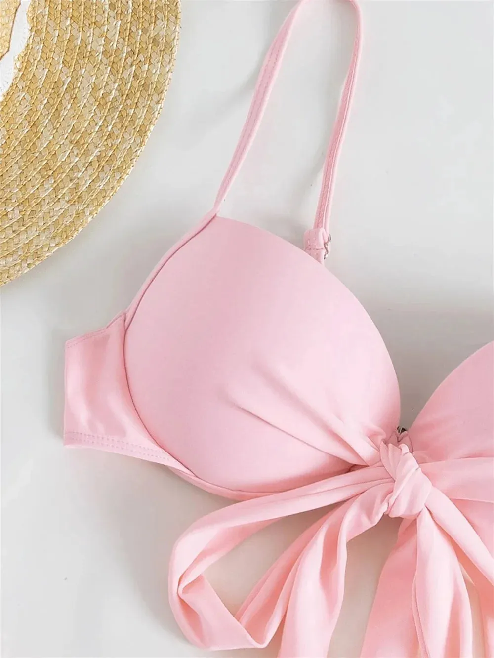 Baby Pink Ruched Push Up Bikini with Pleated Skirt