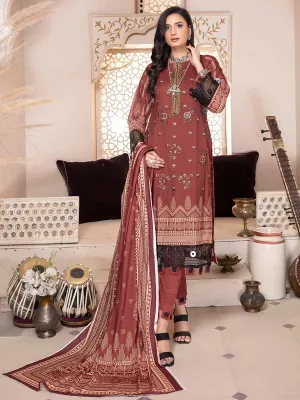 Blossom By Aalaya Unstitched Print and Embroidered Rust Red Winter Pakistani Suit