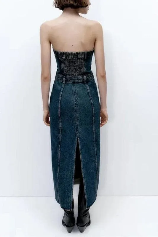 BZ714 Strapless Straight Denim Dress