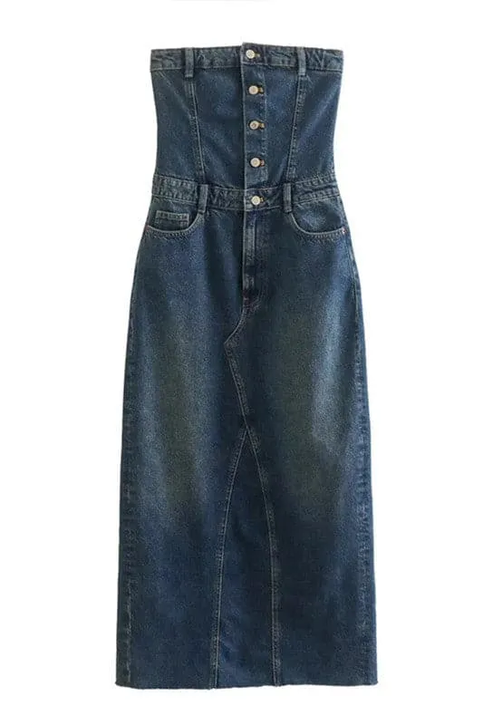 BZ714 Strapless Straight Denim Dress