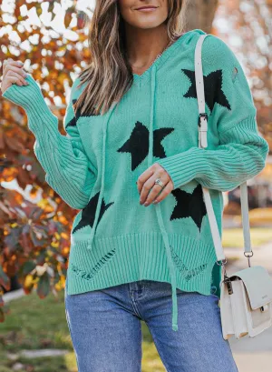 Chilly Nights Distressed Star Sweater with Hoodie