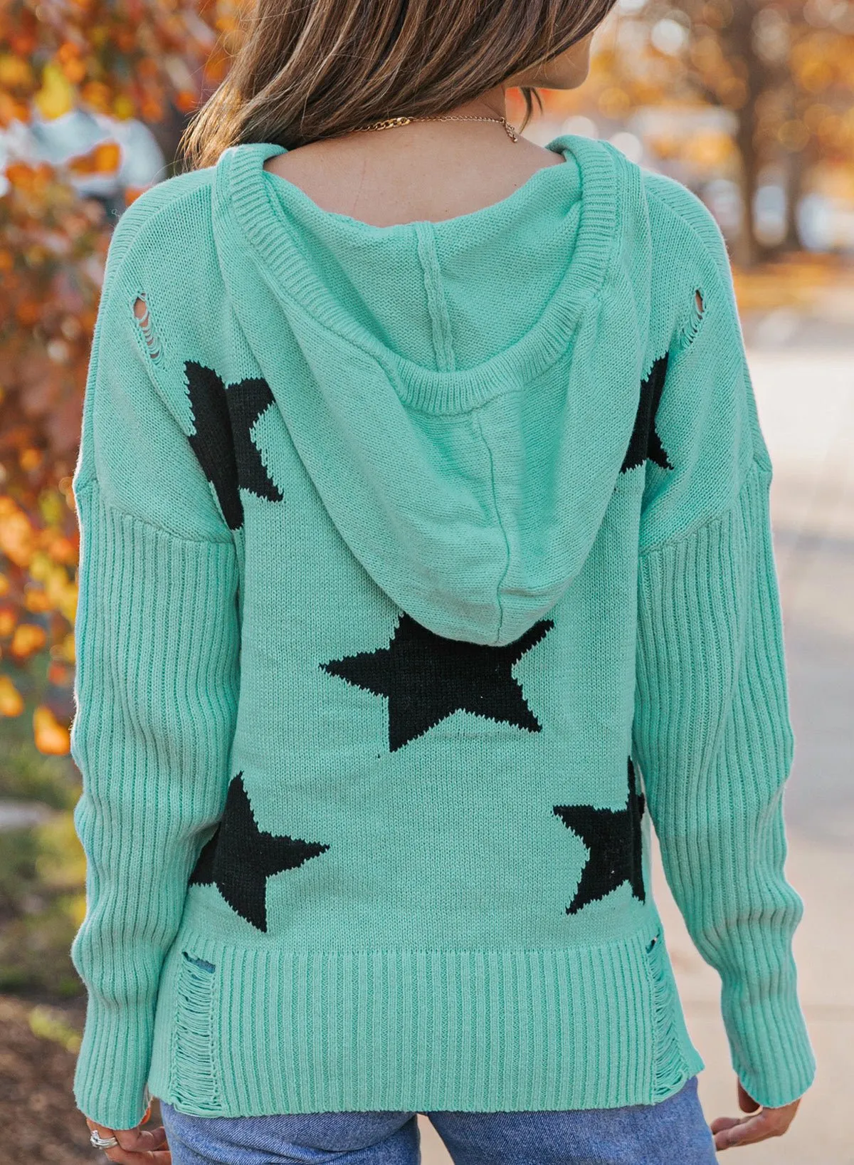 Chilly Nights Distressed Star Sweater with Hoodie