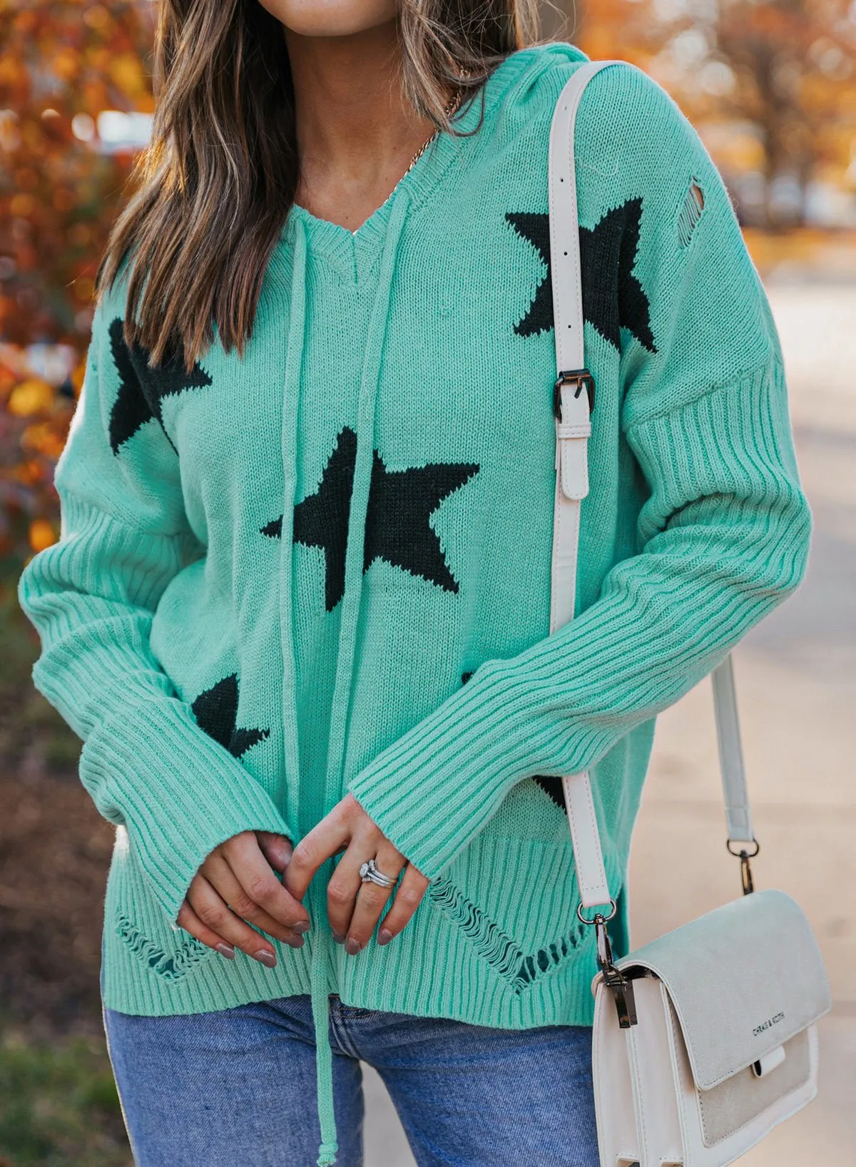 Chilly Nights Distressed Star Sweater with Hoodie