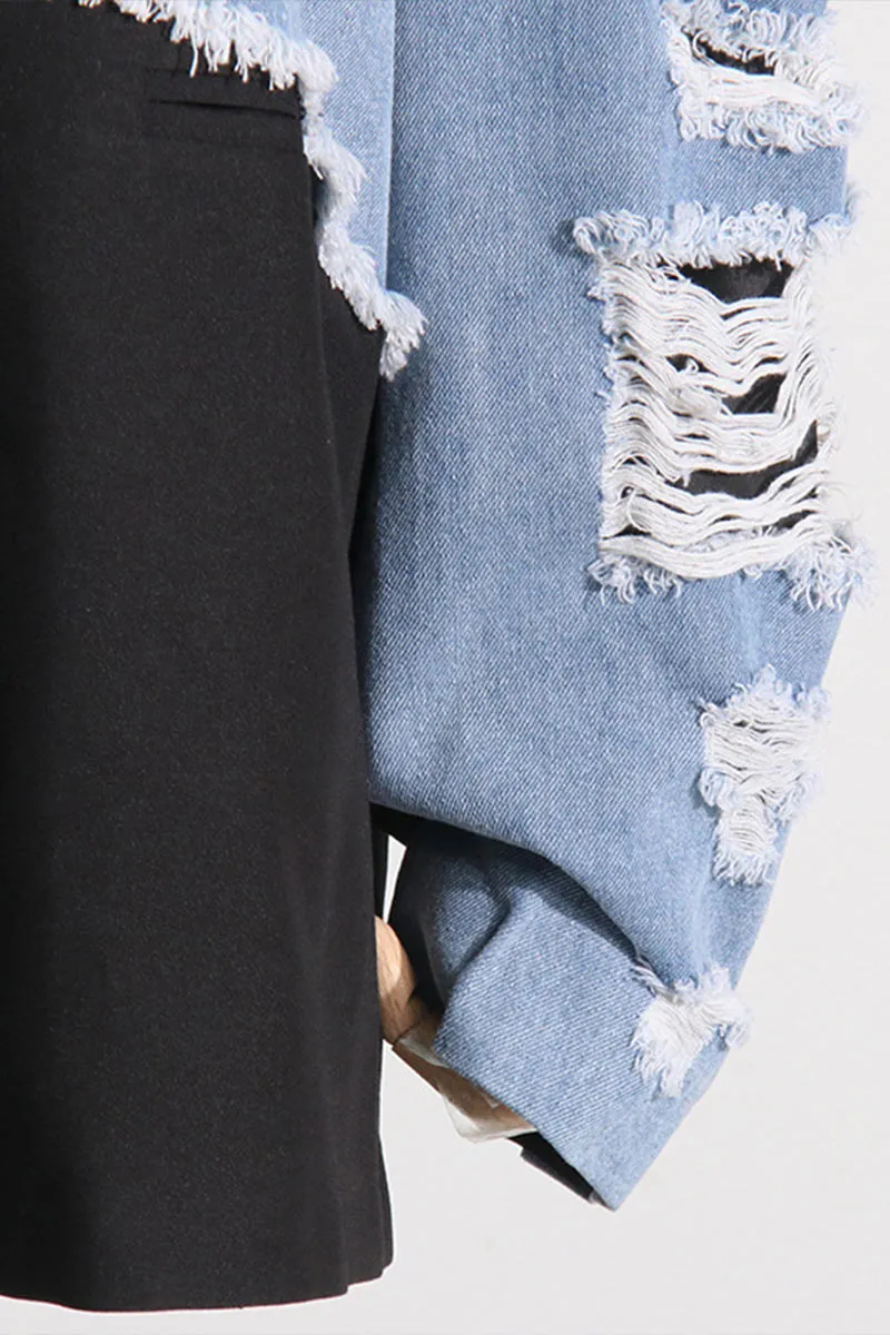 CK663 Color Blocking Loose Denim Jacket