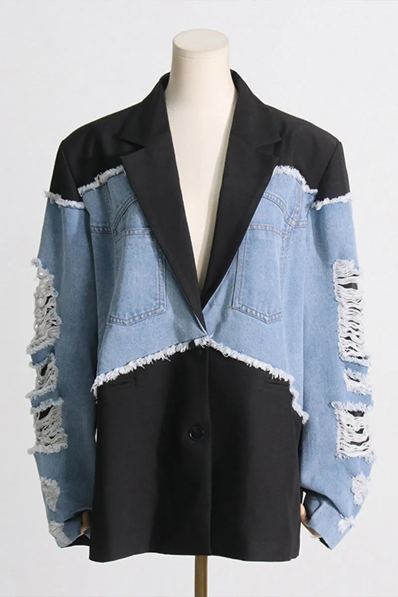 CK663 Color Blocking Loose Denim Jacket