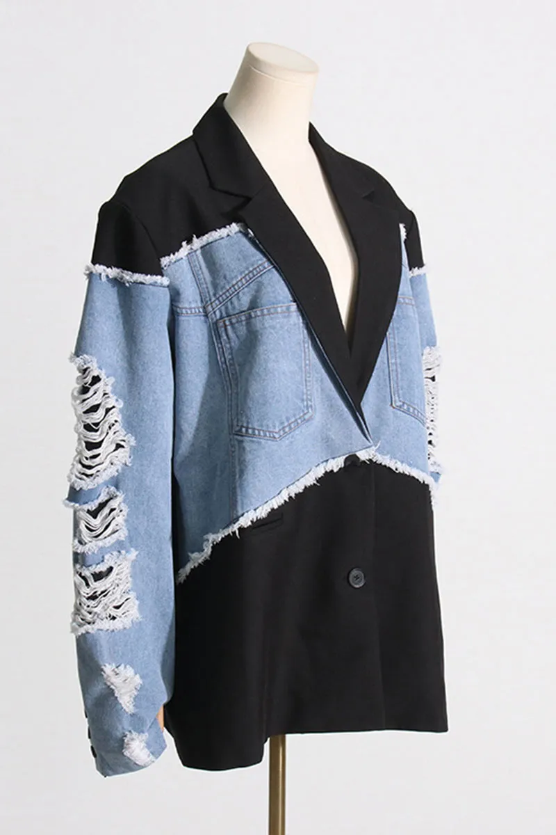 CK663 Color Blocking Loose Denim Jacket