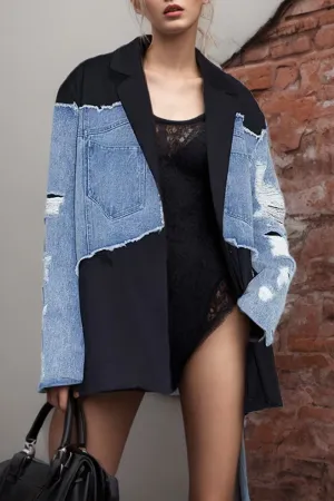 CK663 Color Blocking Loose Denim Jacket