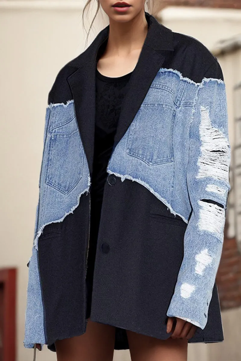 CK663 Color Blocking Loose Denim Jacket