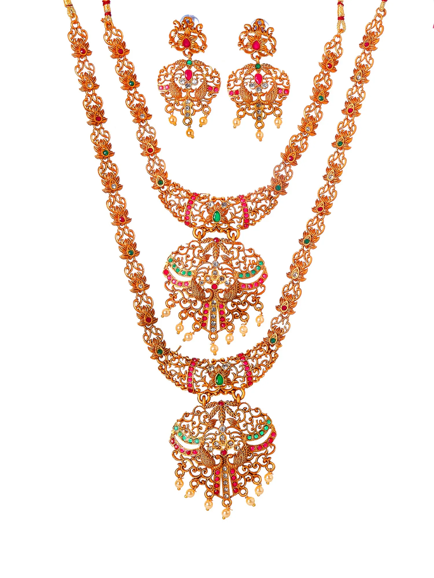 Combo of 2 Peacock Shape Gold-Plated Handcrafted Temple Necklace Set