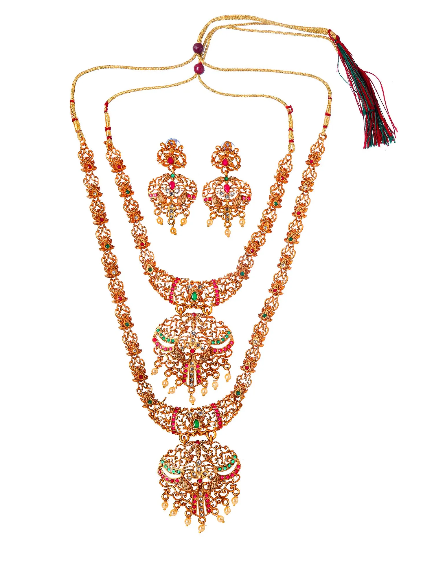 Combo of 2 Peacock Shape Gold-Plated Handcrafted Temple Necklace Set