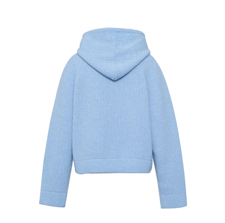 Concise-White Knitted Logo Hoodie Blue
