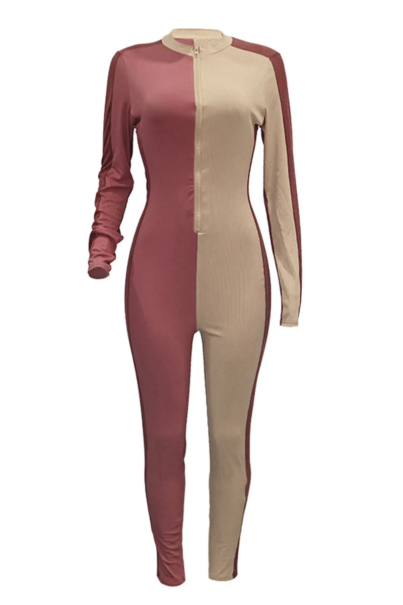 Contrast Color Zipper Long Sleeve Jumpsuit