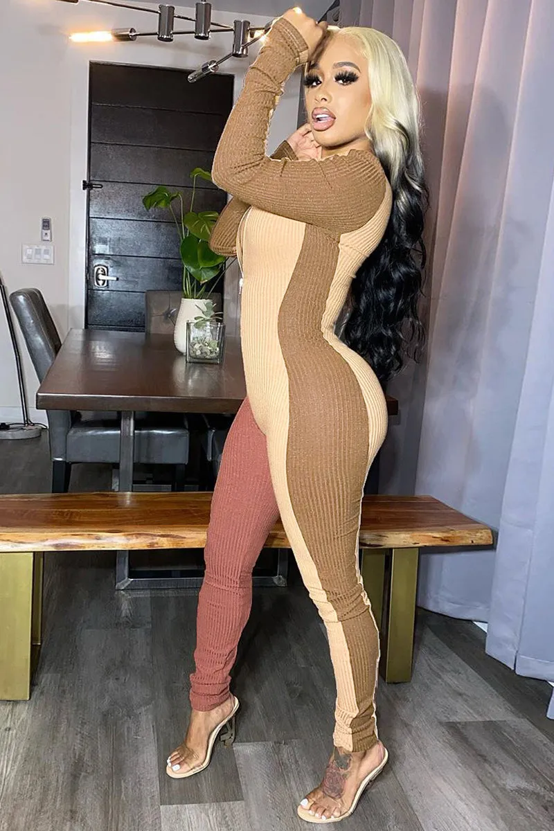 Contrast Color Zipper Long Sleeve Jumpsuit