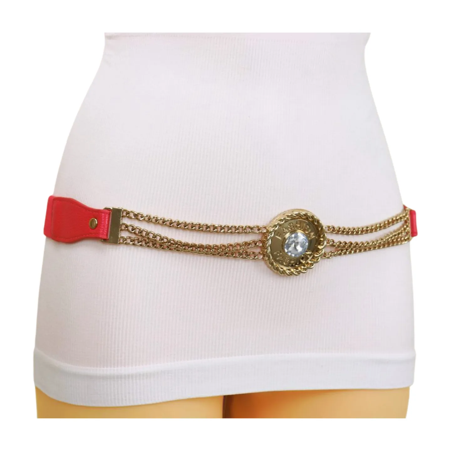 Coral Pink Stretch Belt Gold Metal Chain Fashion Charm S M