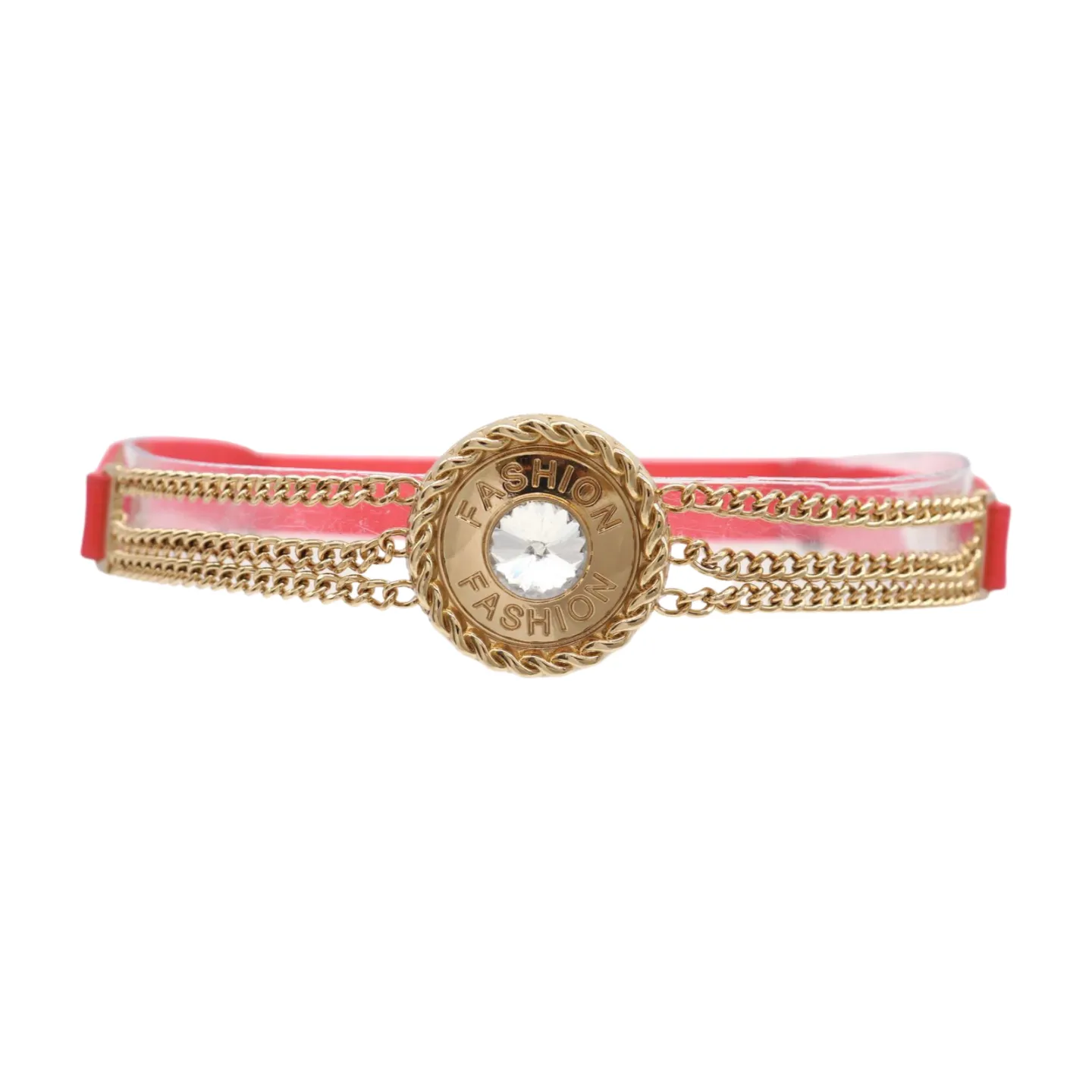 Coral Pink Stretch Belt Gold Metal Chain Fashion Charm S M