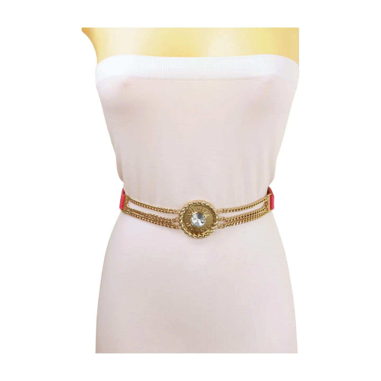 Coral Pink Stretch Belt Gold Metal Chain Fashion Charm S M