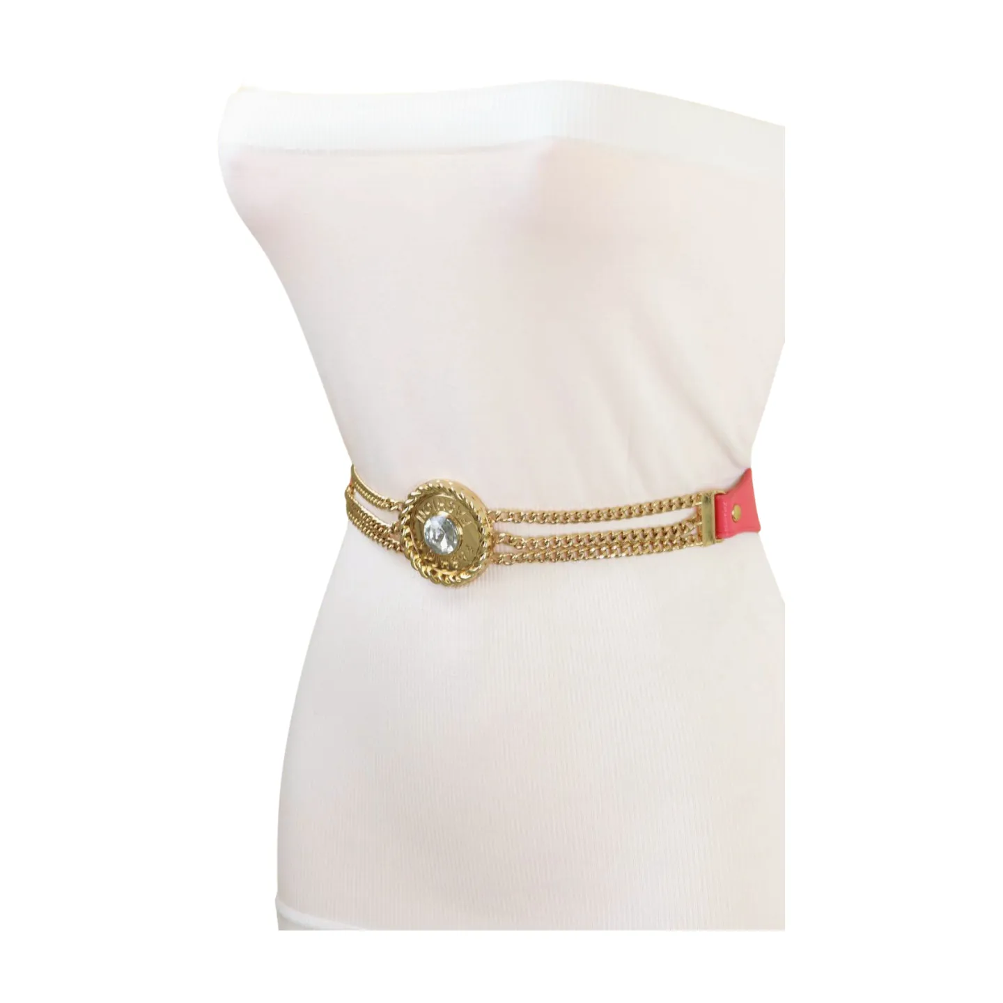 Coral Pink Stretch Belt Gold Metal Chain Fashion Charm S M