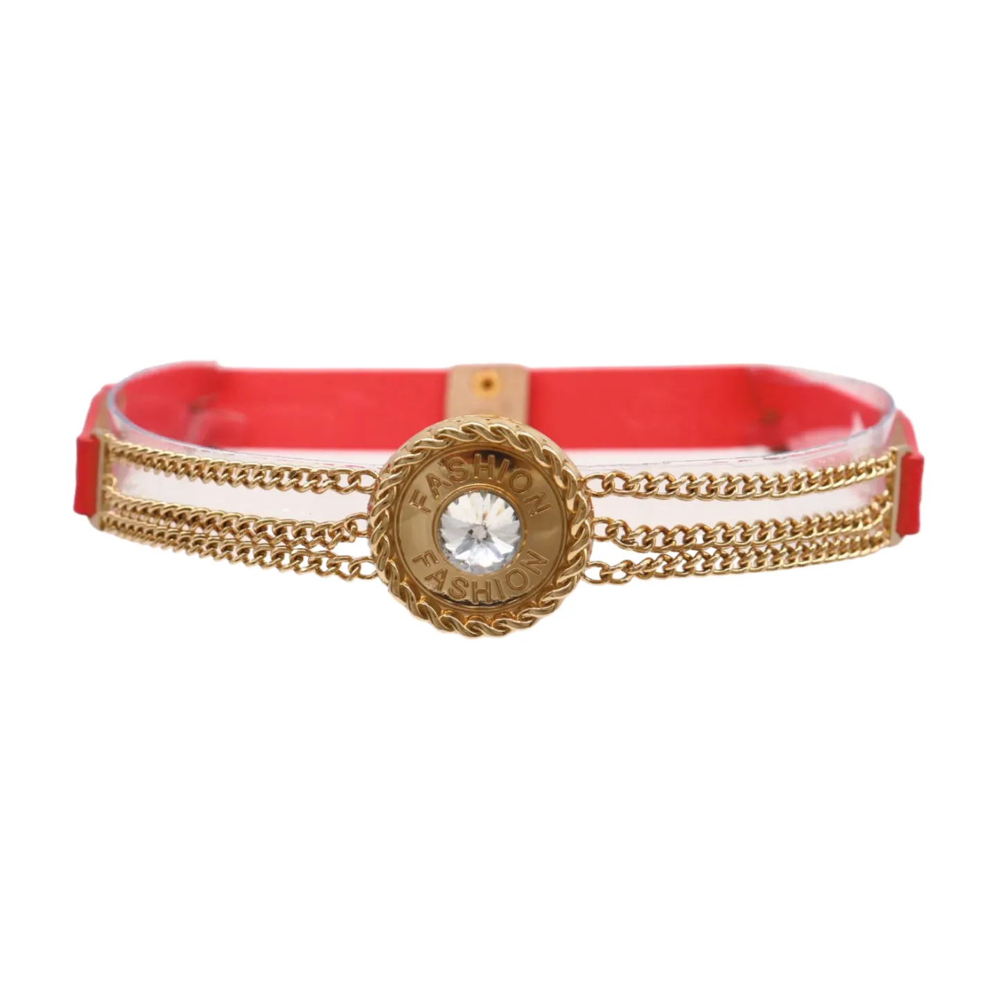 Coral Pink Stretch Belt Gold Metal Chain Fashion Charm S M