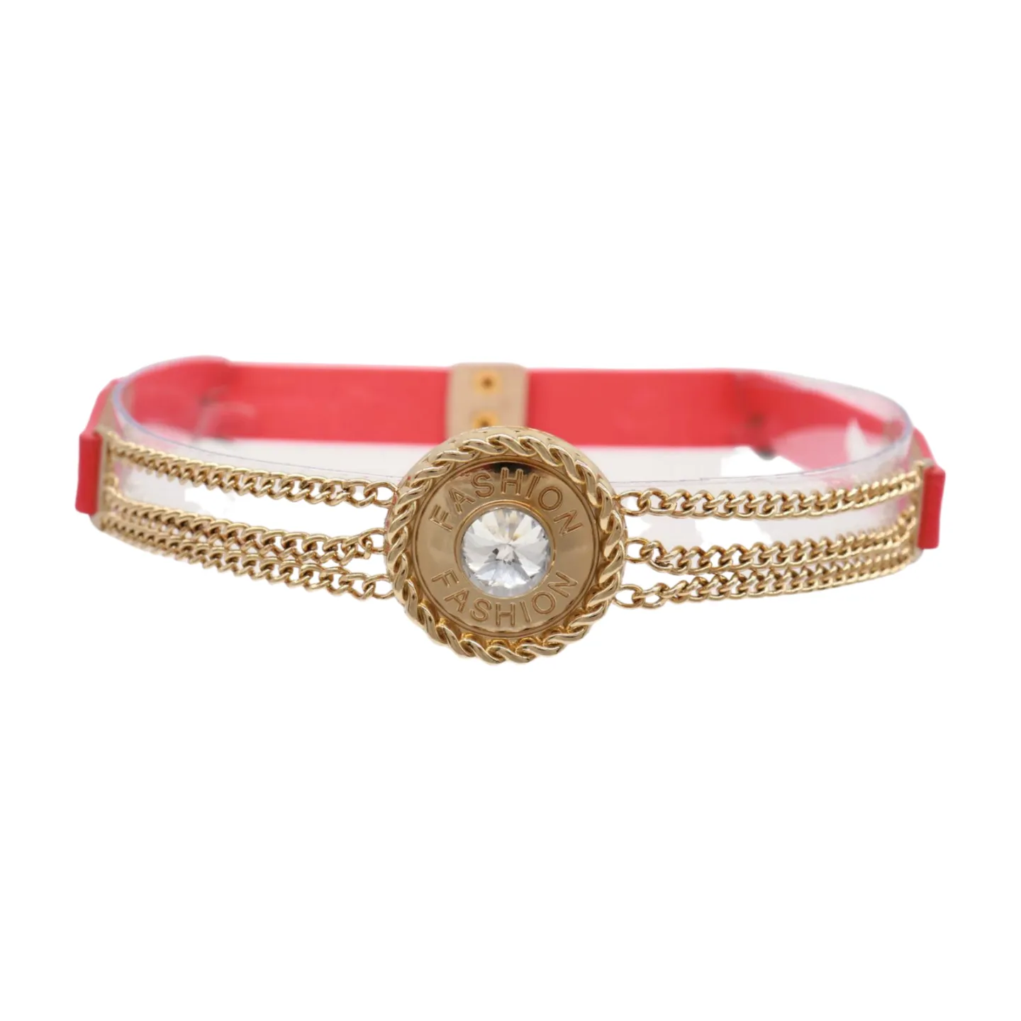 Coral Pink Stretch Belt Gold Metal Chain Fashion Charm S M