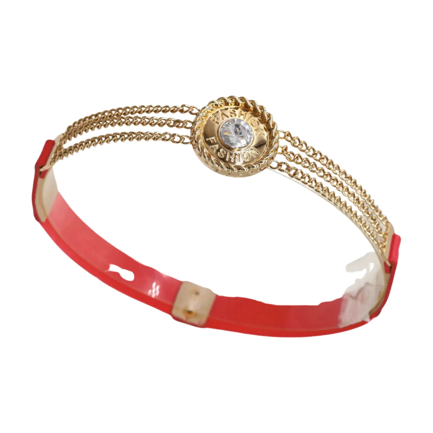Coral Pink Stretch Belt Gold Metal Chain Fashion Charm S M