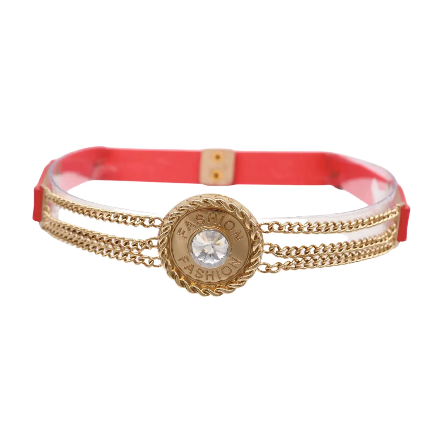 Coral Pink Stretch Belt Gold Metal Chain Fashion Charm S M