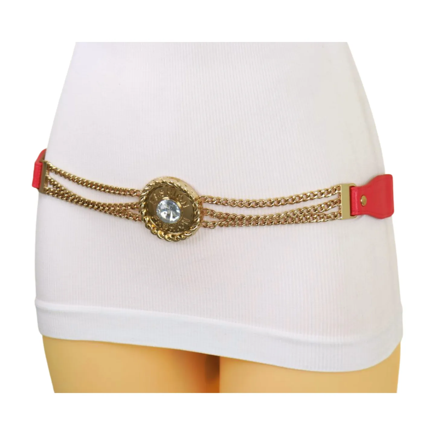Coral Pink Stretch Belt Gold Metal Chain Fashion Charm S M