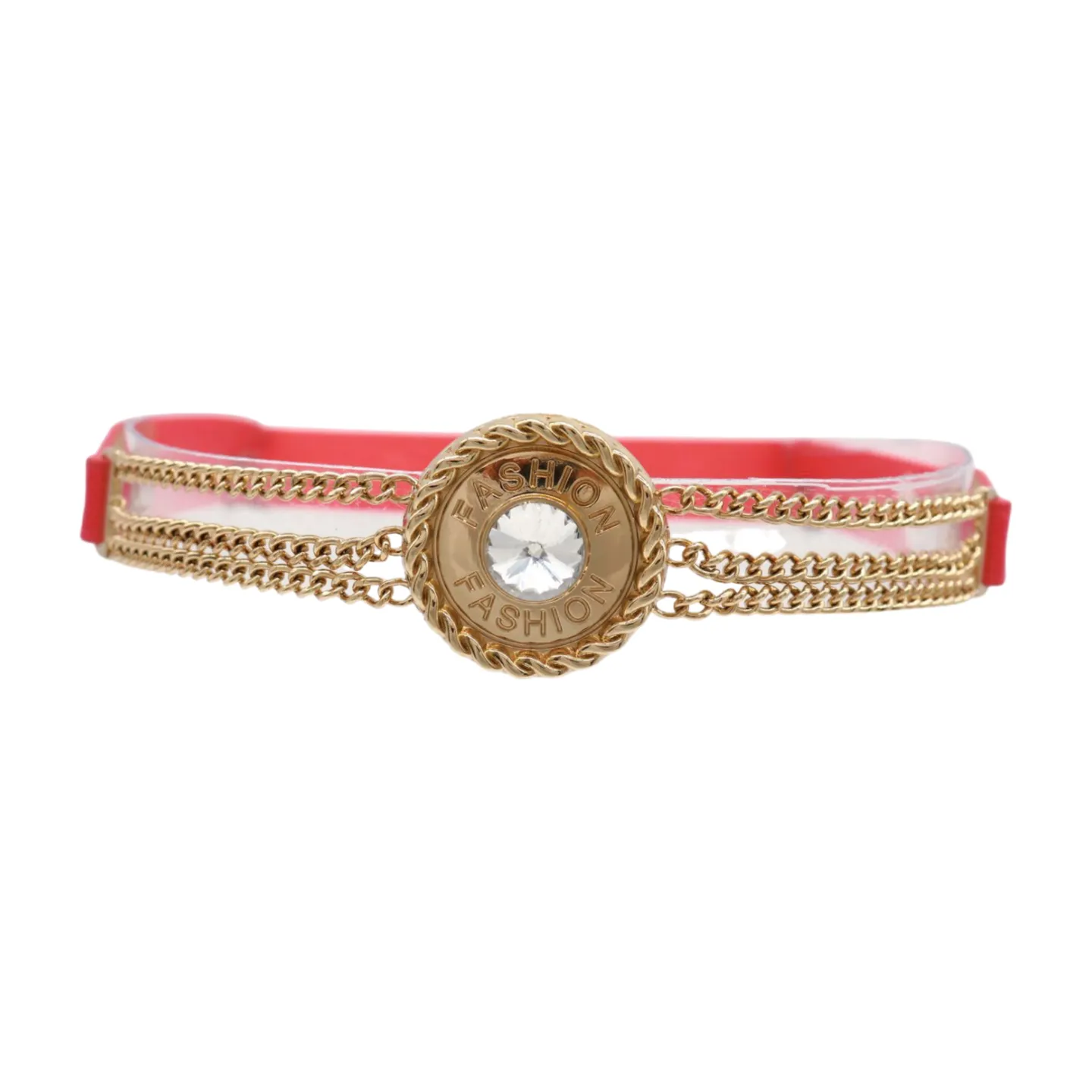Coral Pink Stretch Belt Gold Metal Chain Fashion Charm S M