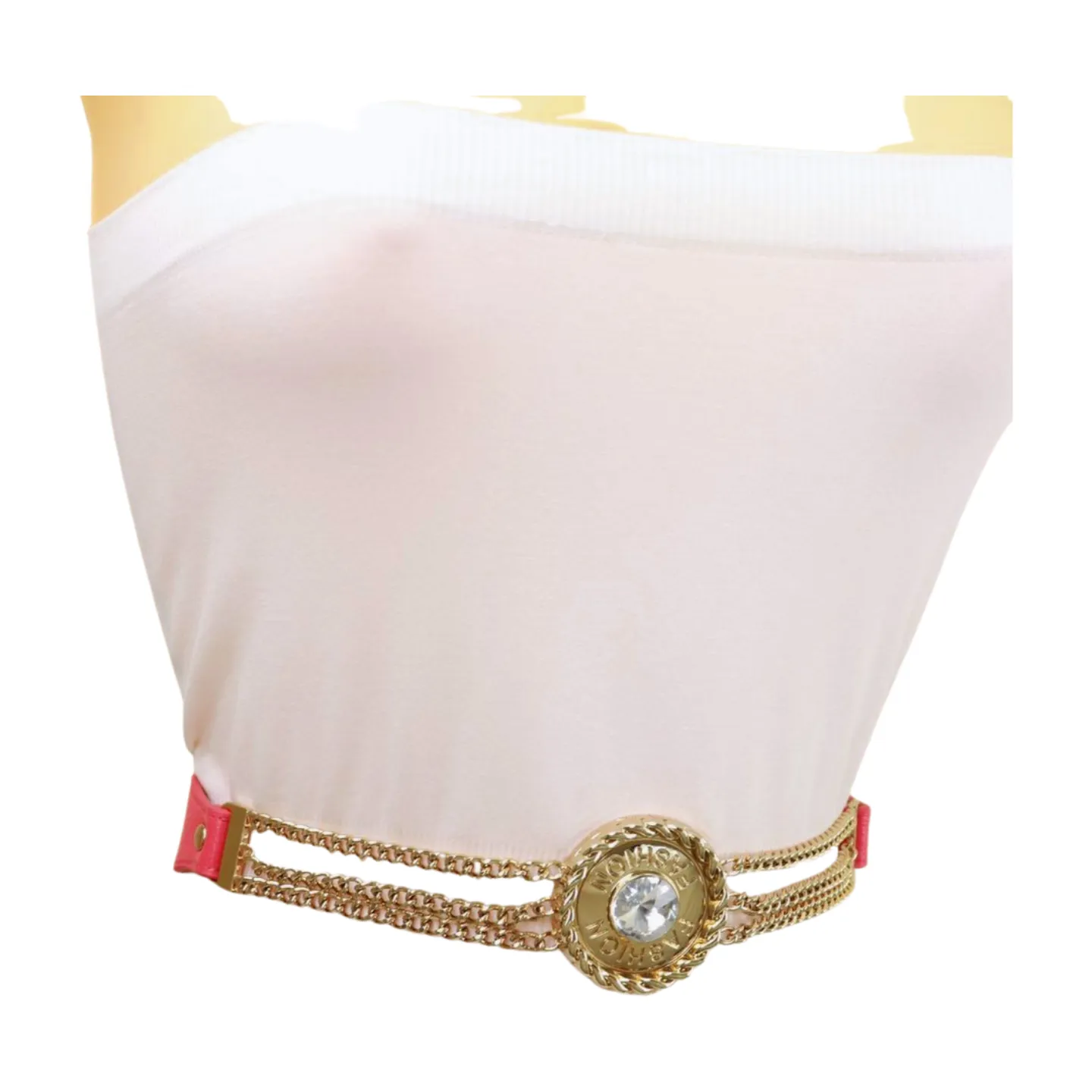 Coral Pink Stretch Belt Gold Metal Chain Fashion Charm S M