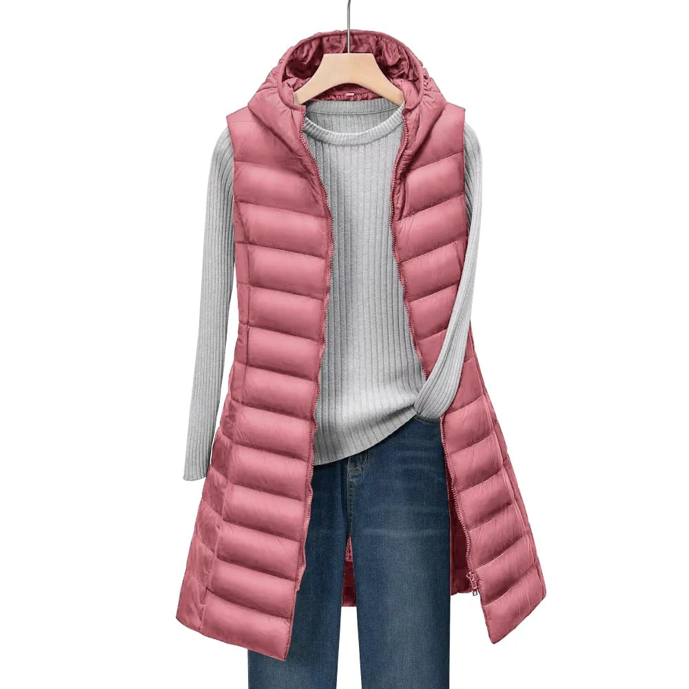 Cross-border foreign trade 2025 women's autumn and winter medium and long hooded light down cotton clothes, vest jacket, cotton vest