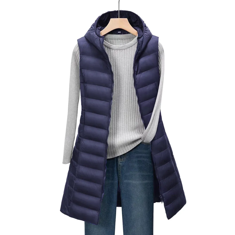 Cross-border foreign trade 2025 women's autumn and winter medium and long hooded light down cotton clothes, vest jacket, cotton vest
