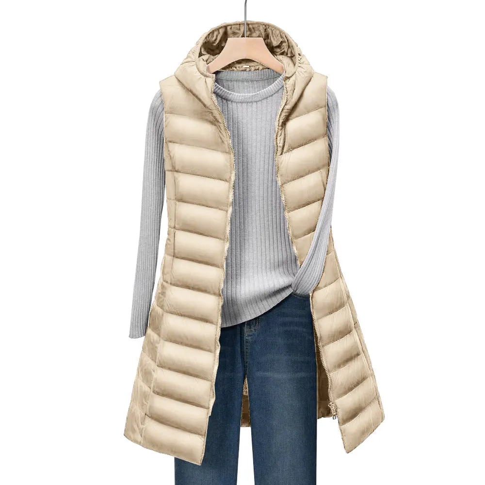 Cross-border foreign trade 2025 women's autumn and winter medium and long hooded light down cotton clothes, vest jacket, cotton vest