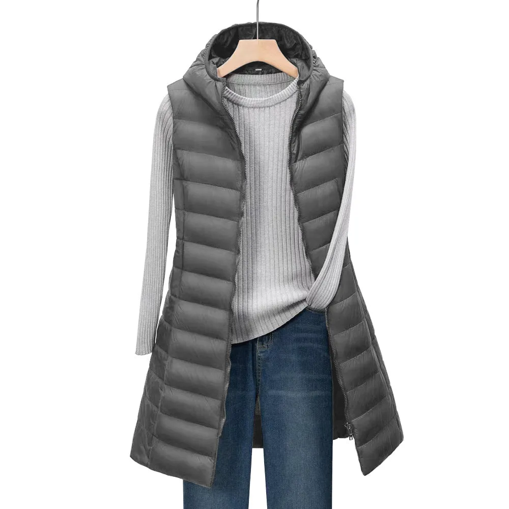Cross-border foreign trade 2025 women's autumn and winter medium and long hooded light down cotton clothes, vest jacket, cotton vest