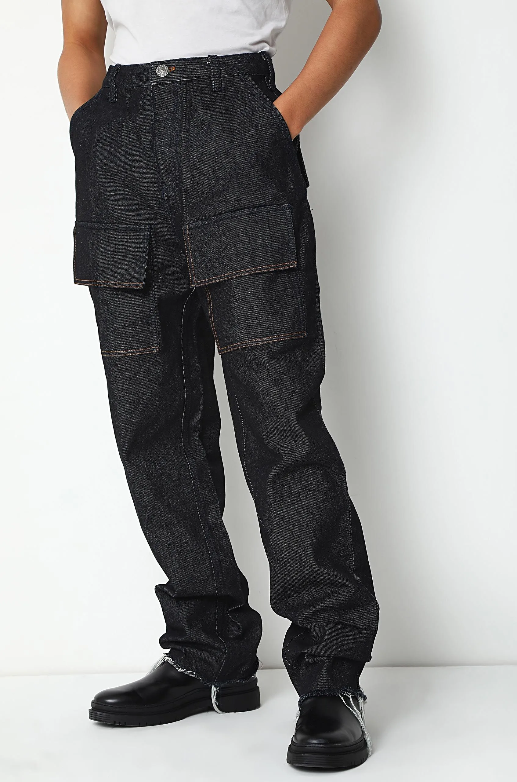 Dark Washed Huemn Jeans With Oversized Patch Pockets