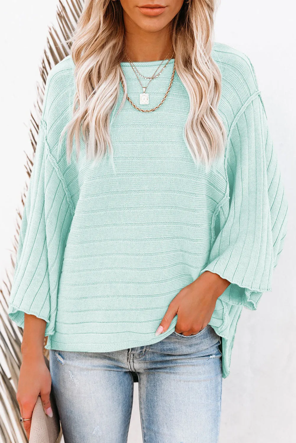 Exposed Seam Ribbed Knit Dolman Sweater