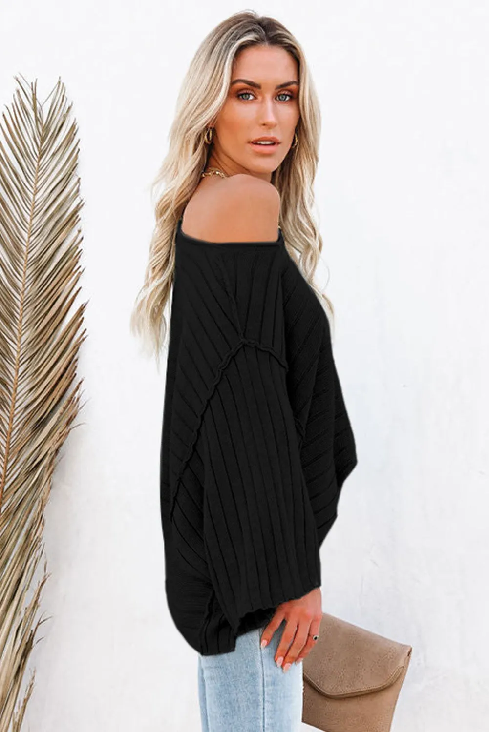 Exposed Seam Ribbed Knit Dolman Sweater