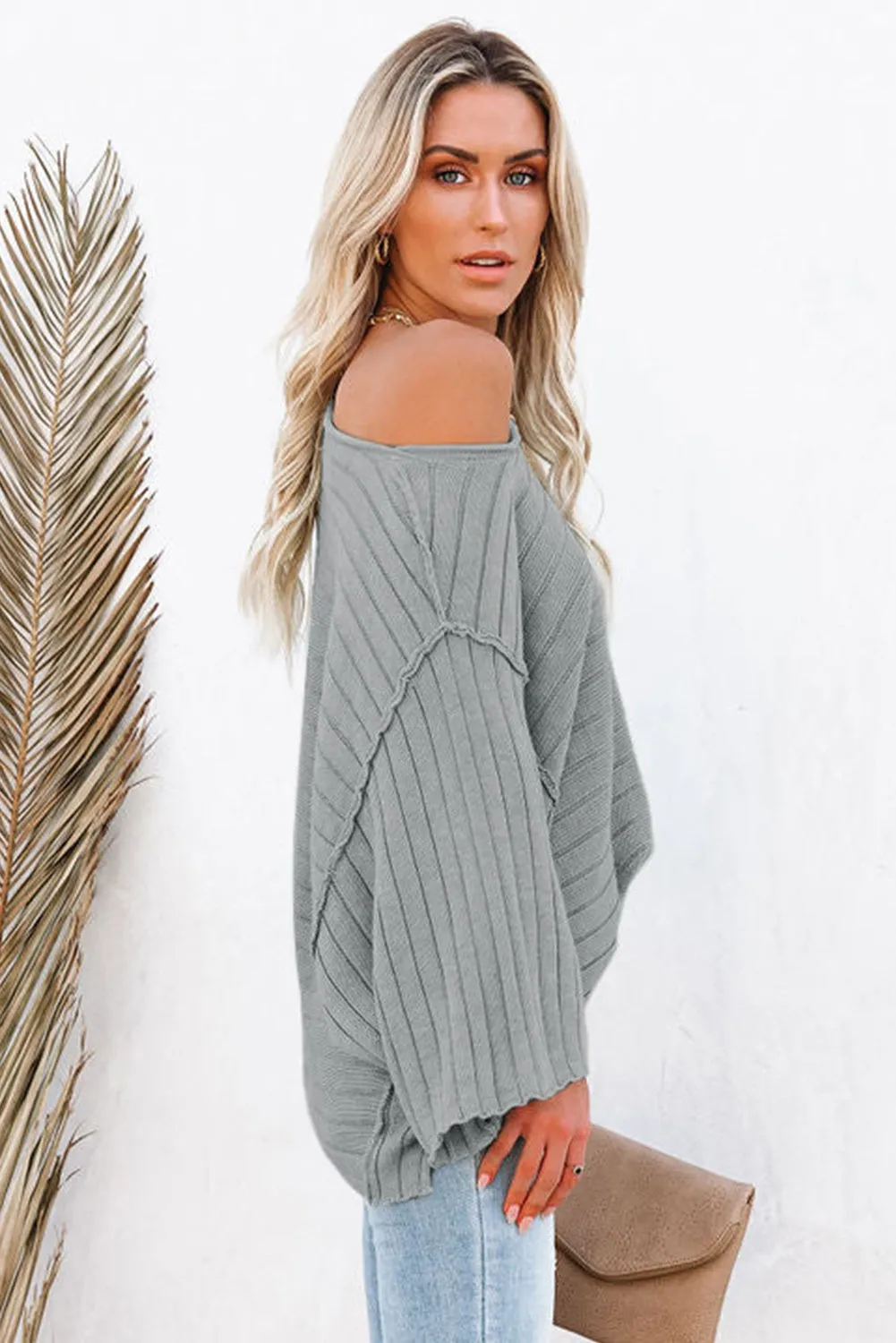 Exposed Seam Ribbed Knit Dolman Sweater