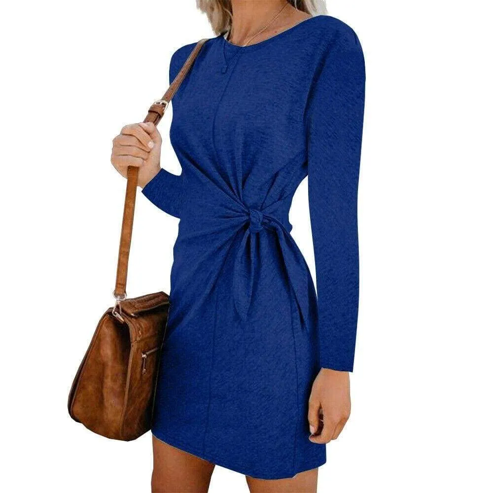 FashionSierra - New Fashion Women's Casual Sweatshirt Long Sleeve Crew Neck Lace-Up Autumn Winter Dress Elegant Ladies Bodycon T-Shirt Dress