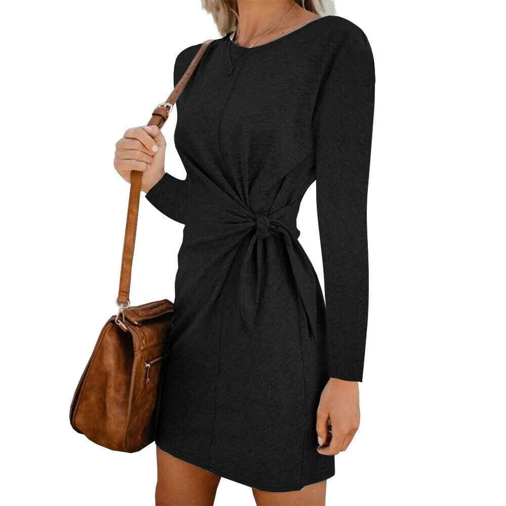 FashionSierra - New Fashion Women's Casual Sweatshirt Long Sleeve Crew Neck Lace-Up Autumn Winter Dress Elegant Ladies Bodycon T-Shirt Dress