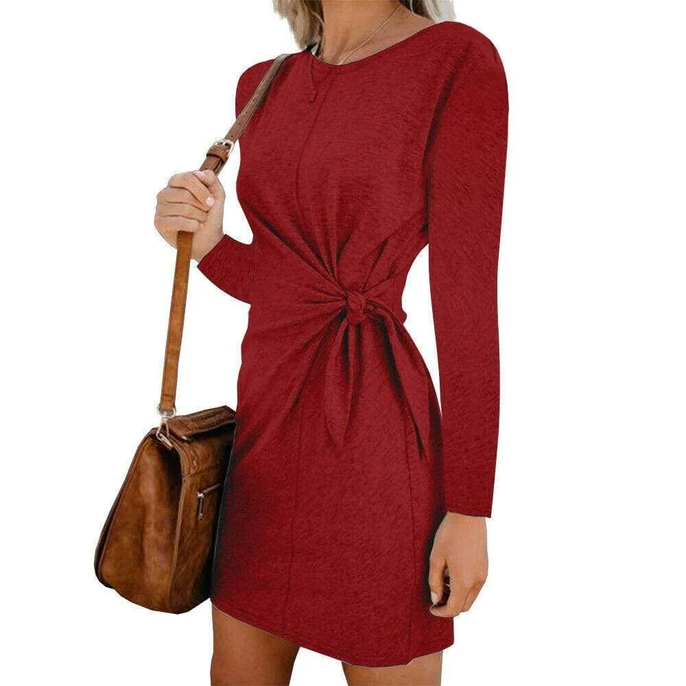 FashionSierra - New Fashion Women's Casual Sweatshirt Long Sleeve Crew Neck Lace-Up Autumn Winter Dress Elegant Ladies Bodycon T-Shirt Dress